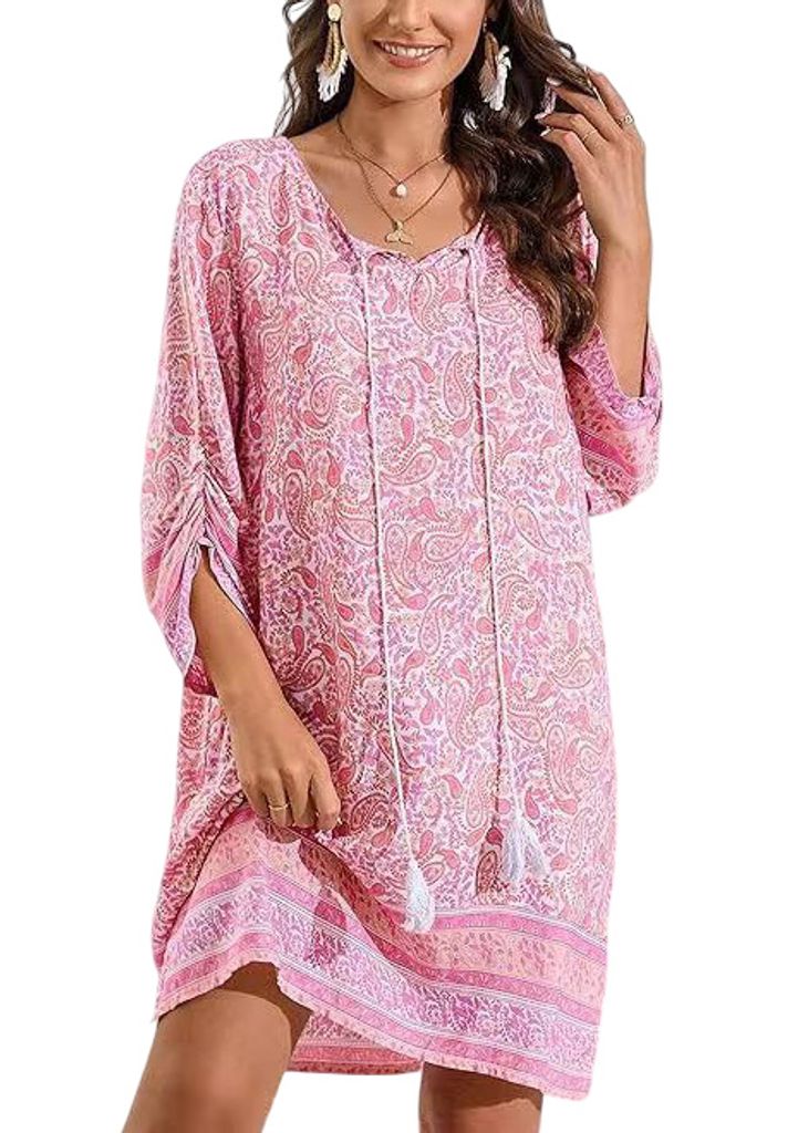 ASKSA Damen Bohemian Tunika Kleid Strandkleid Sommerkleider Vintage Strandkleider 3/4-Arm Rundhals Kleid Blumenmuster Tunikakleider (Rosa,S)