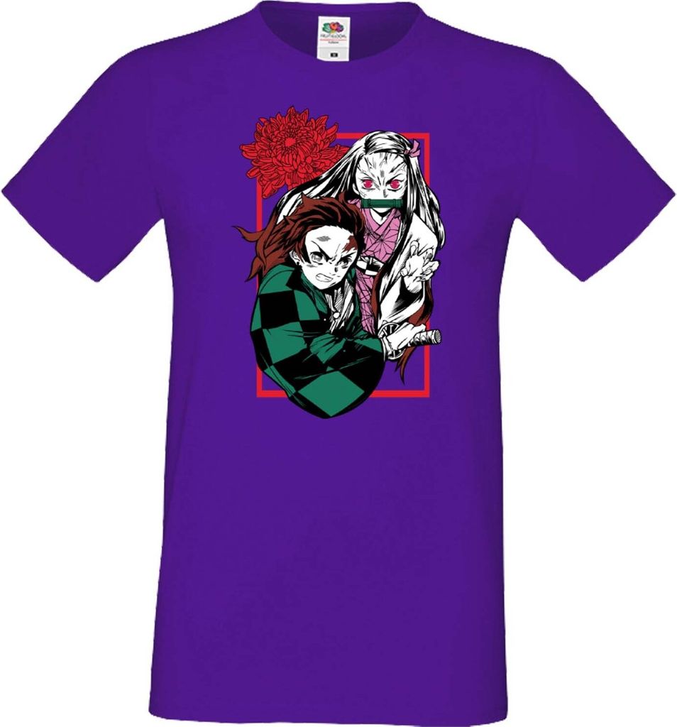 Herren T-Shirt Japan Manga Animation Comics Demon Anime Slayer Tanjiro Nezuko Kamado 002 Var-023 Brother Slayer Sister Demon, Man 2XL / Lila