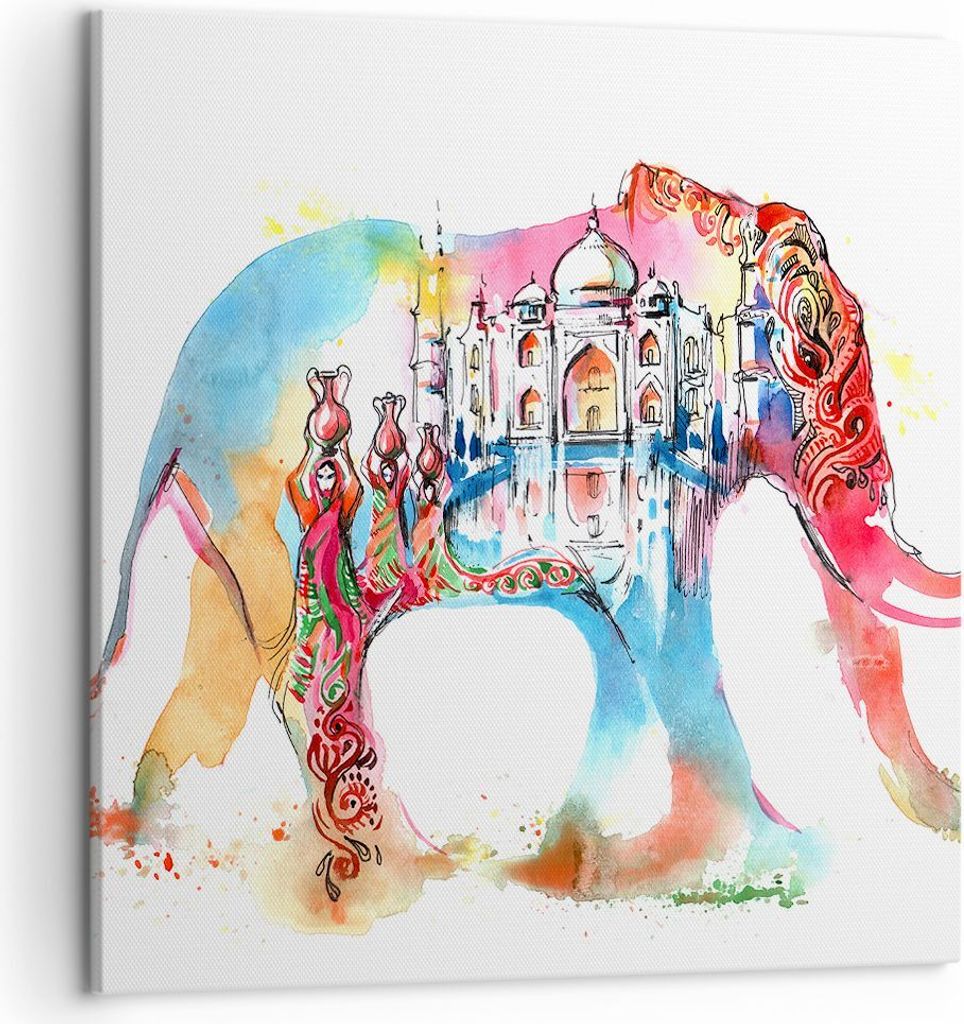 Bild auf Leinwand - Leinwandbild - Elefant Indien ethnisch Kultur - 50x50cm - Wand Bild - Wanddeko - Leinwanddruck - Bilder - Kunstdruck - Wanddeko...