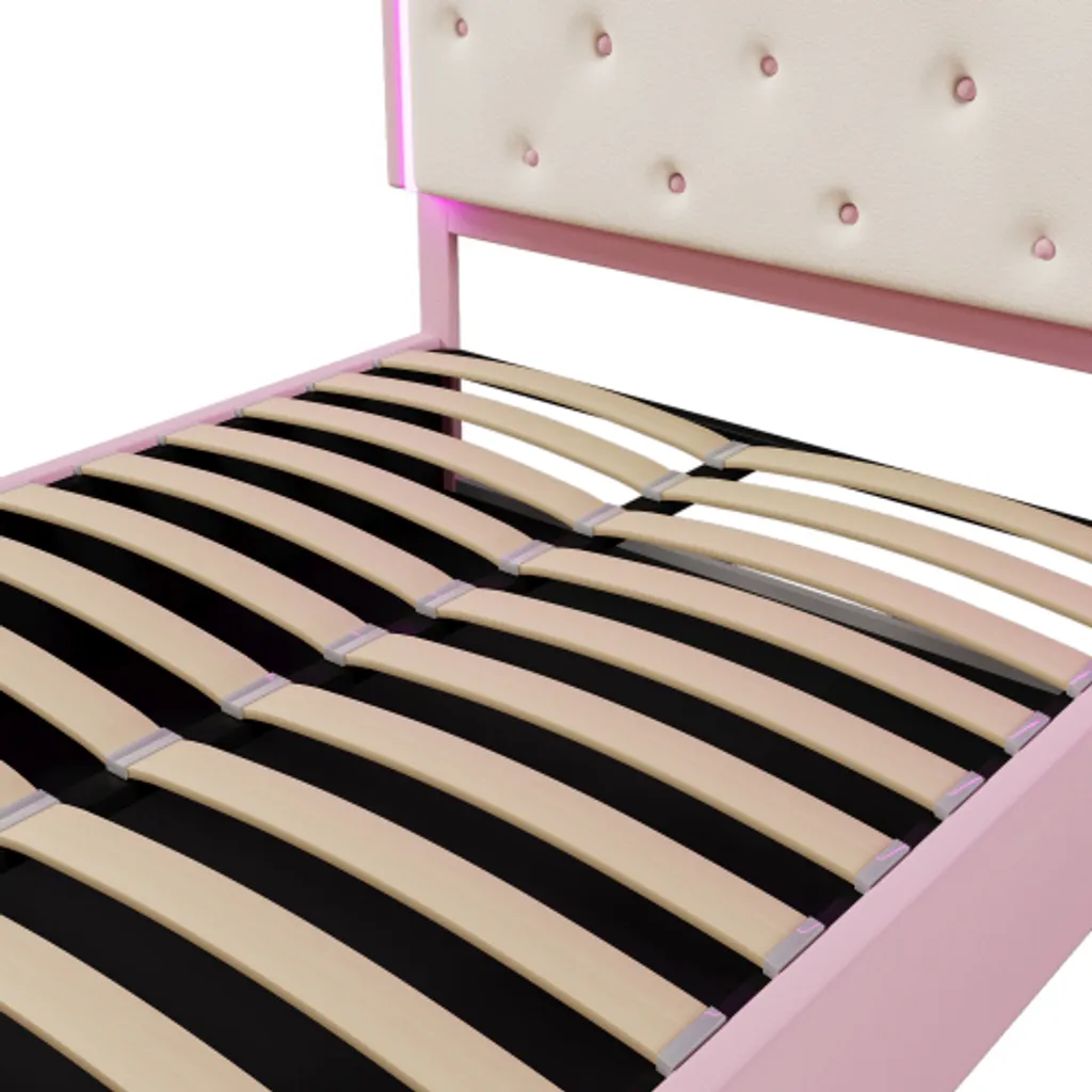 Optimisez votre espace avec ce lit coffre rose 140x200 et LED intégrées - 9
