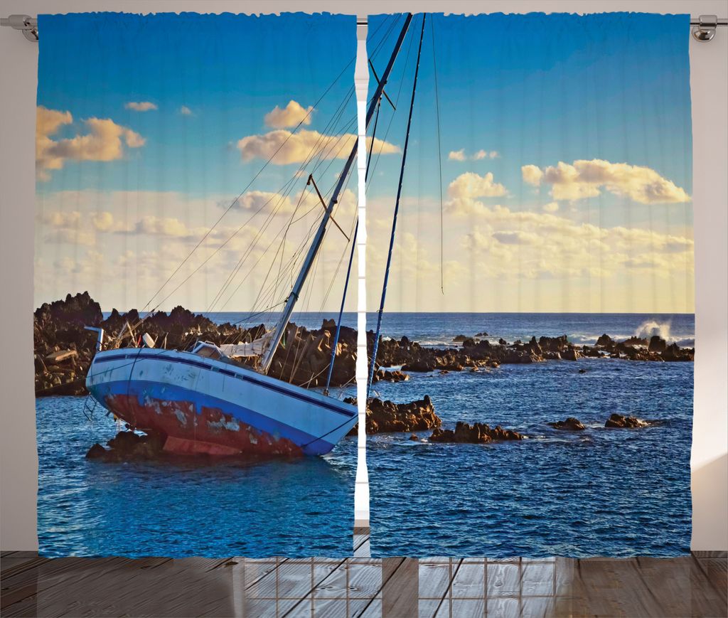 ABAKUHAUS Nautisch Rustikaler Vorhang, Yacht auf Felsen Harbor, Wohnzimmer Universalband Gardinen mit Schlaufen und Haken, 280 x 175 cm, Braun Blau