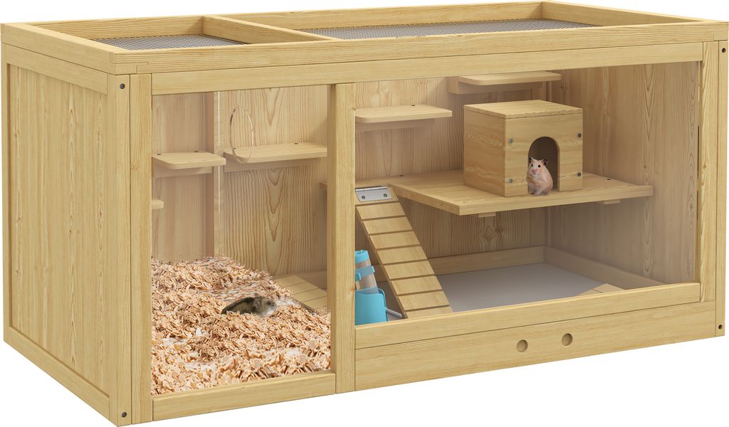 PawHut Hamsterkäfig aus Holz, 100 cm Kleintierstall, Kleintierkäfig Spielhaus für Gerbils Nagerkäfig mit Schaukeln, Leitern, zu öffnendes Dach...