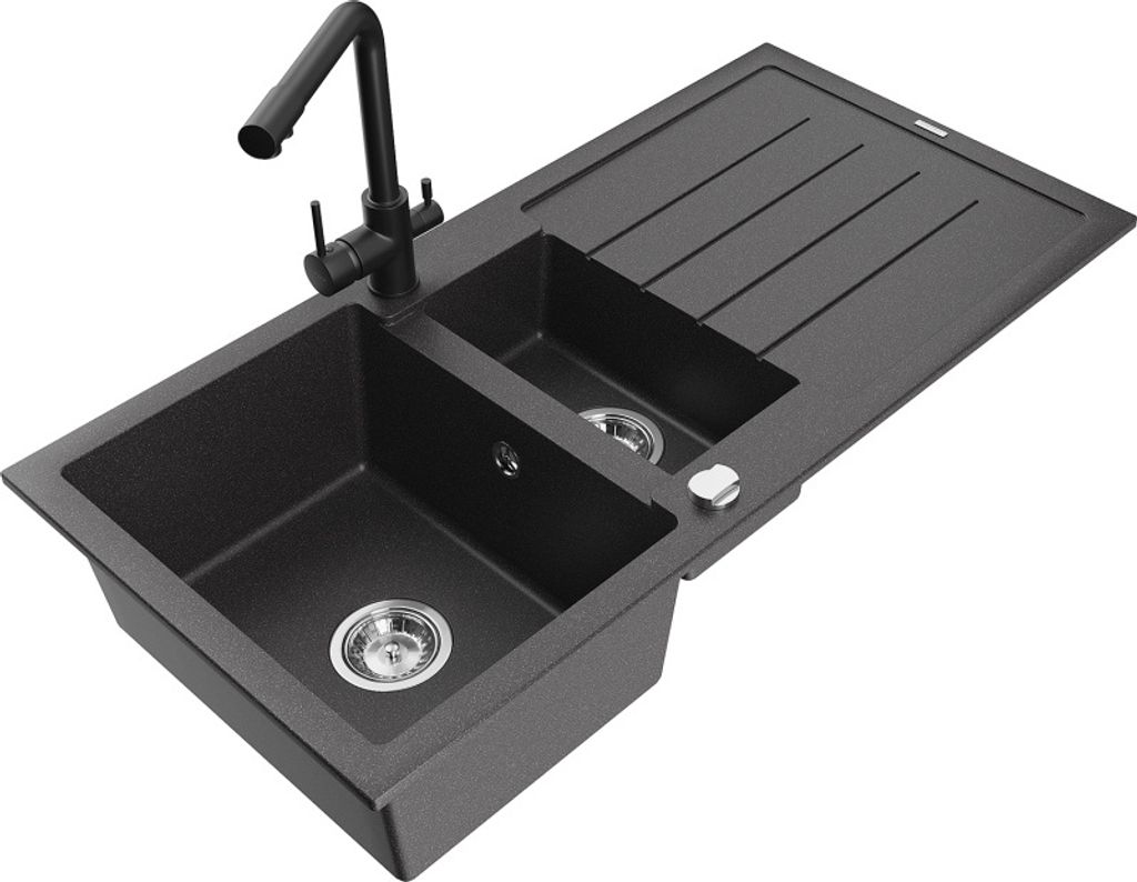 Mexen Andres 1,5-Becken-Granitspüle mit Abtropffläche und Mischbatterie Duero, Schwarz gesprenkelt - 6515-76-671600-70