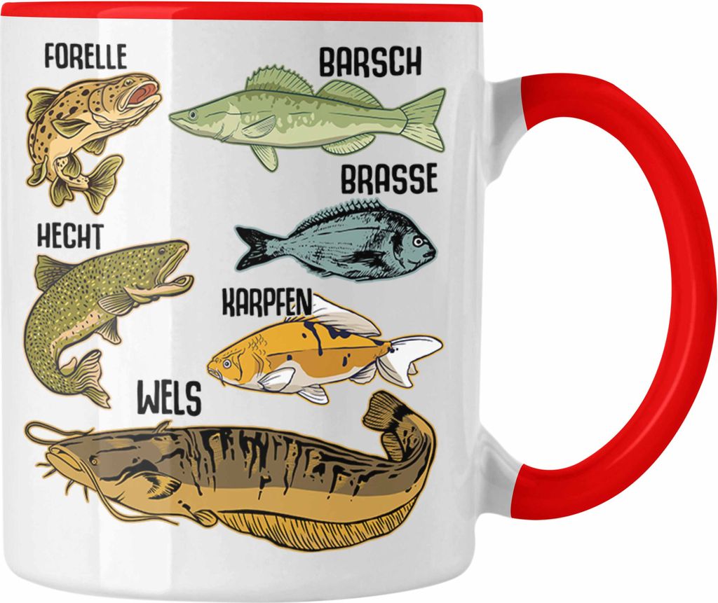 Trendation - Angler Fischer Tasse mit Fischarten Geschenk Raubfische Hobbyangler Hecht Forelle Barsch Angeln Kaffeetasse (Rot)