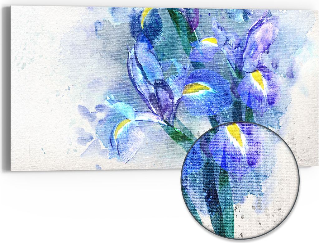 DEQORI Hybrid Leinwand Bild 60x30 cm 'Blaue Iris Pracht' Wandbild Glas flach modern