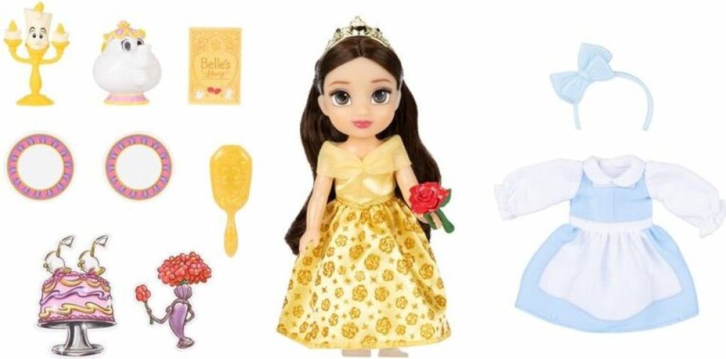 A doll and its accessories are displayed against a white background.