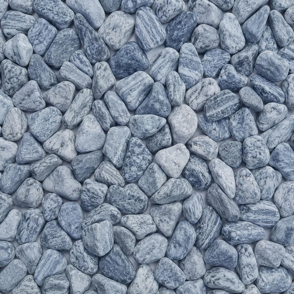 Blaugrau gemaserte Kieselsteine dicht aneinander liegend im Detail