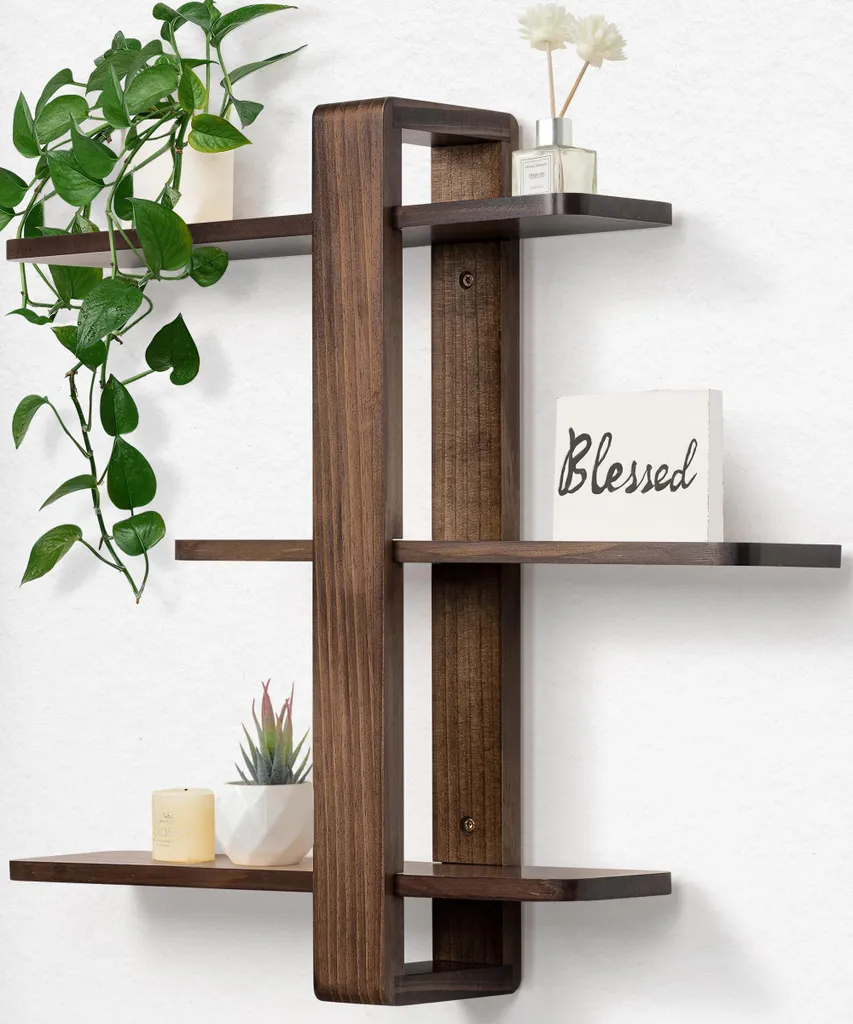 Étagère murale de salon ou chambre en bois massif noyer - 3 plateaux