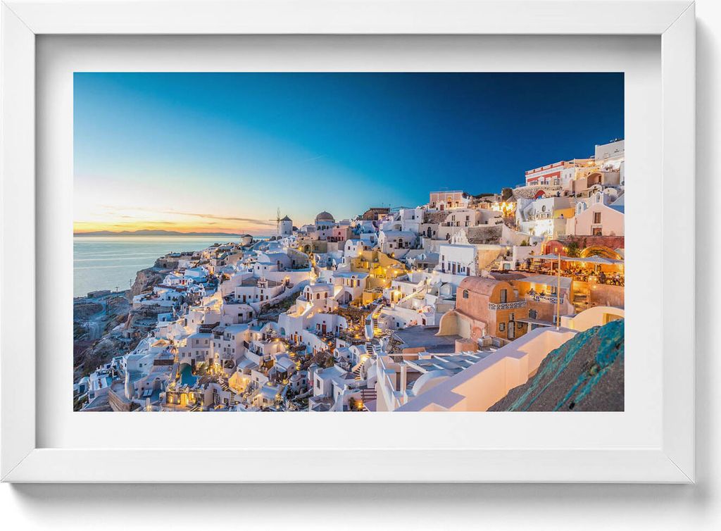 Sonnenuntergang auf Santorin– Wandbild mit Rahmen – Gerahmtes Bild – Wanddekoration – 30x20 cm – Weiß Rahmen