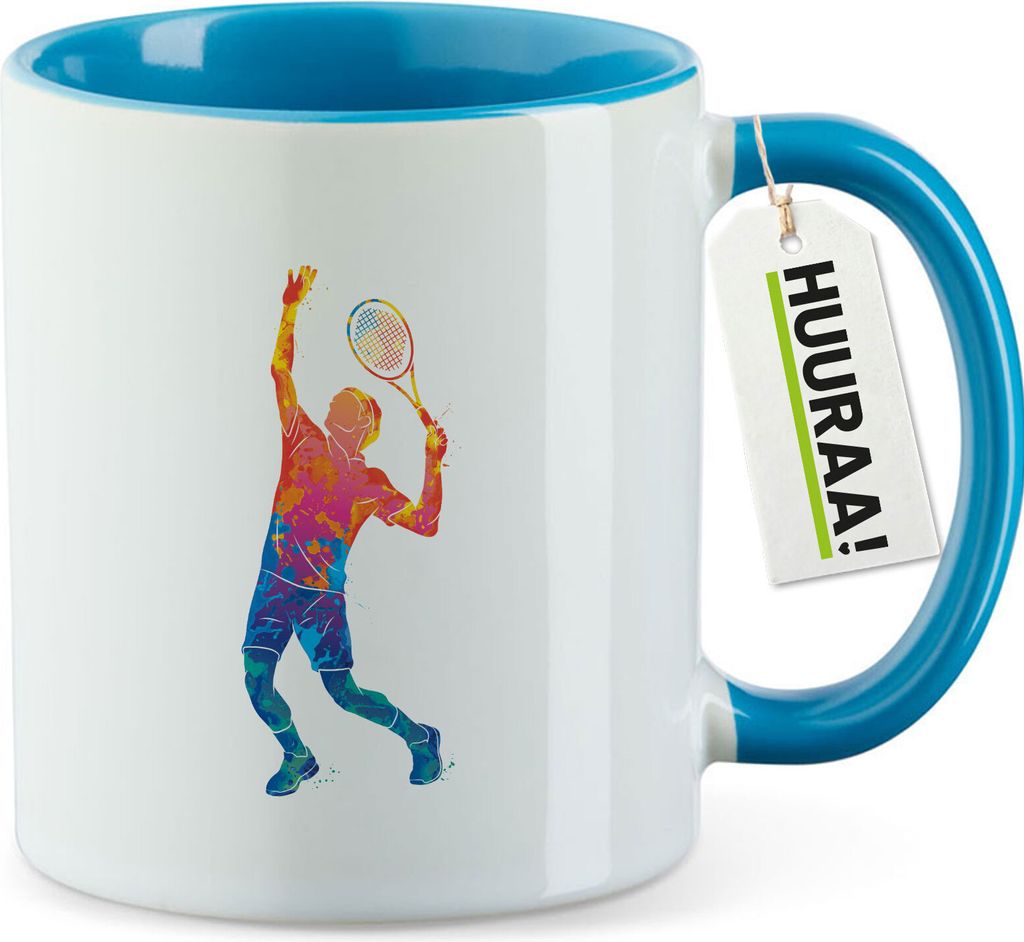 Huuraa Kaffeetasse Tennis Spieler bunte Silhouette 330ml Blau Keramik Kaffeebecher Geschenkidee