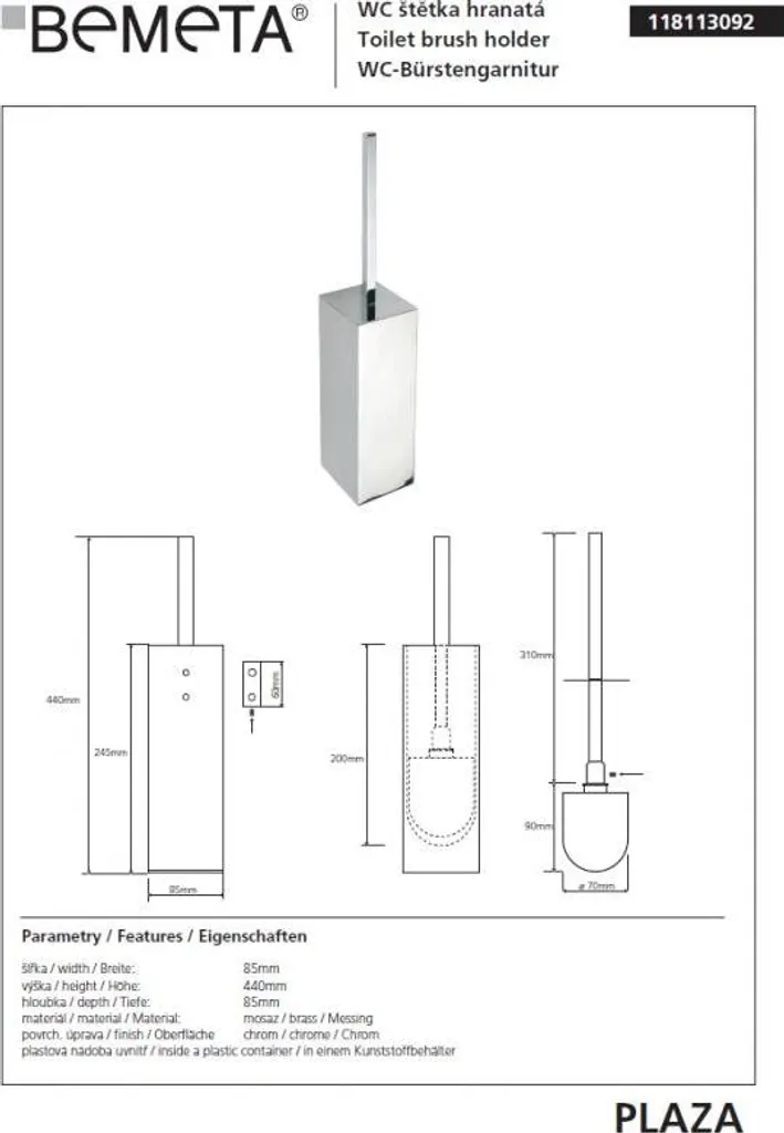 Goupillon WC à fixer PLAZA gain de place en laiton chromé 44 cm