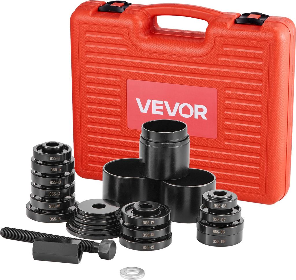 A set of bearing puller tools and a red storage case.