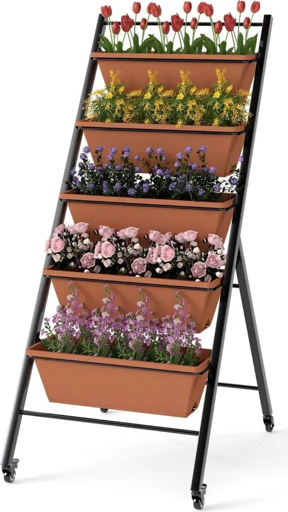 Jardinière à étages modulable 5 bacs avec système de roulettes pivotantes