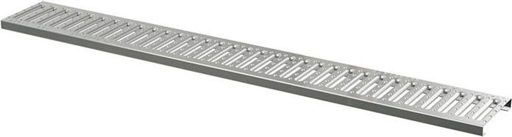 A long, narrow metal grate or drain cover with a series of parallel slots and circular holes.