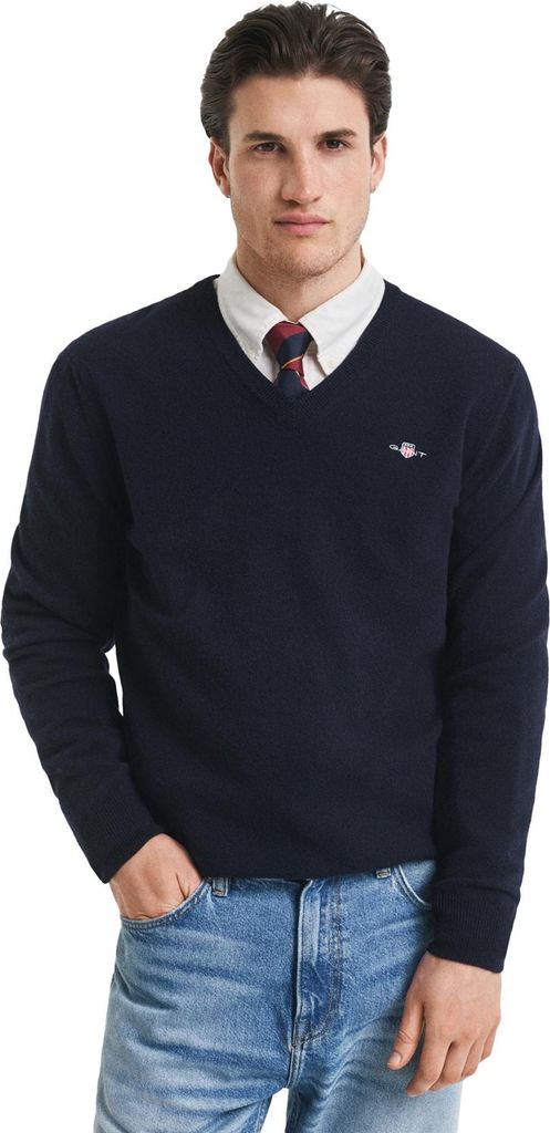 Gant gestrickter V-Ausschnitt Pullover dunkelblau einfarbig 100% Wolle
