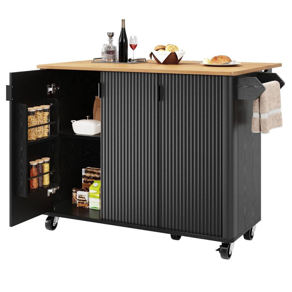 Kücheninsel,Speisewagen(Schwarz)mit Holzmaserung,Buffet,Ausziehbarer Küchenwagen auf Rädern mit Handtuchhalter,Gewürzregal,Trennwände verstellbar