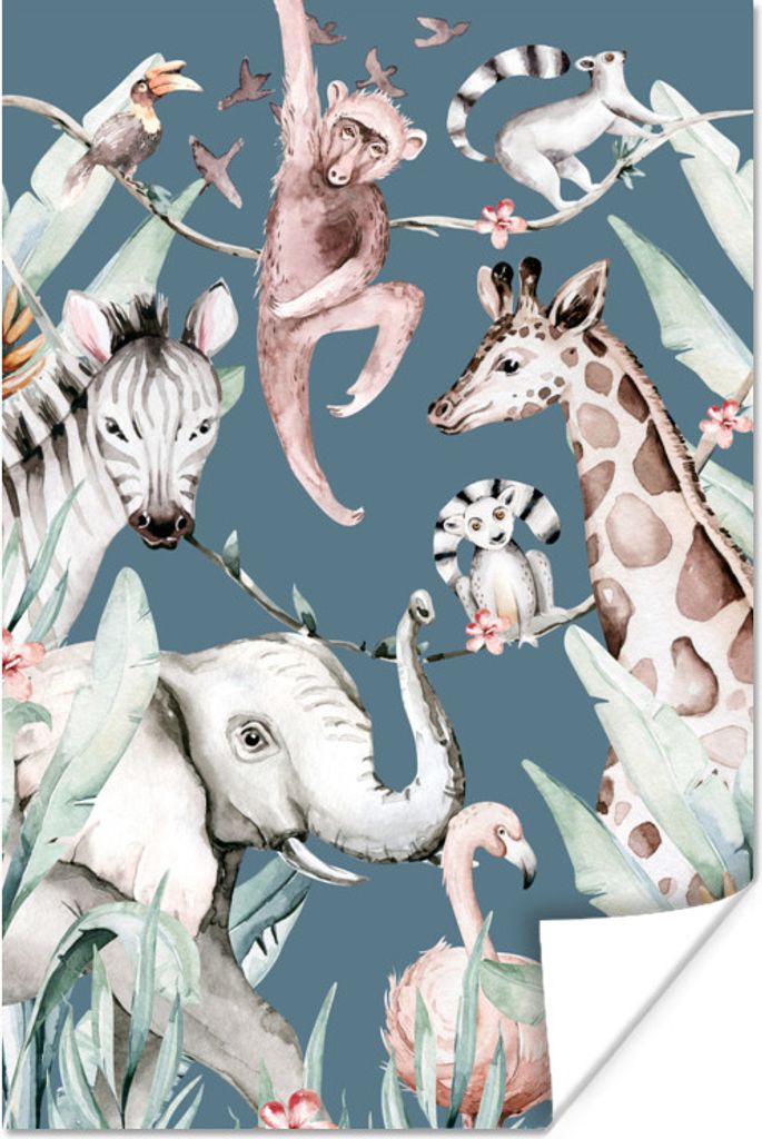 MuchoWow Poster Aquarellieren - Tiere - Dschungel - Jungen - Blau - Kinder 120x180 cm - Kunstposter