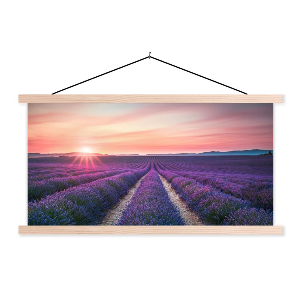 MuchoWow Textilposter Lavendel - Lila - Blumen - Himmel 60x30 cm mit holzfarbenen Rahmen - Dekoration