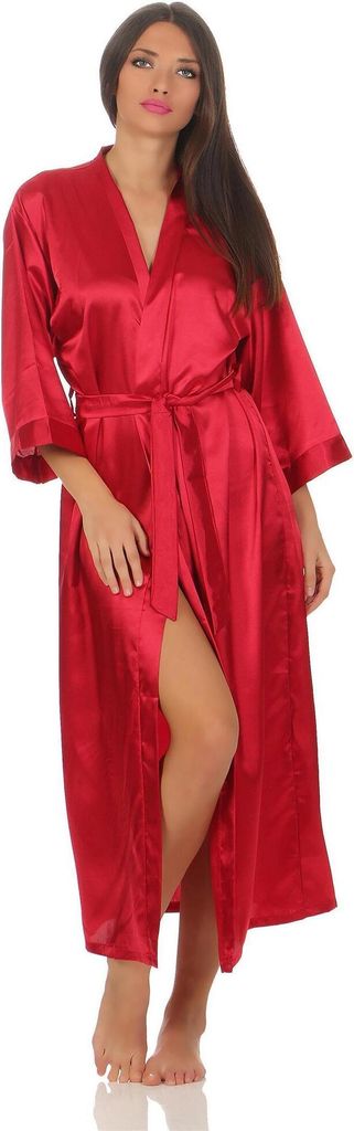 Damen langes Kimono Nachtmantel Seidenrobe Morgenmantel, Weinrot S