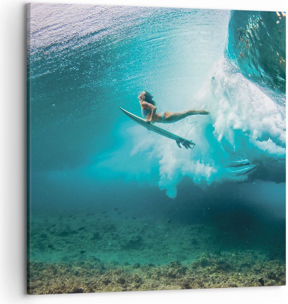 Bild auf Leinwand - Leinwandbild - Einteilig - Surfen Unterwasser Frau - 50x50cm - Wand Bild - Wanddeko - Wandbilder - Leinwanddruck - Bilder - Wan...