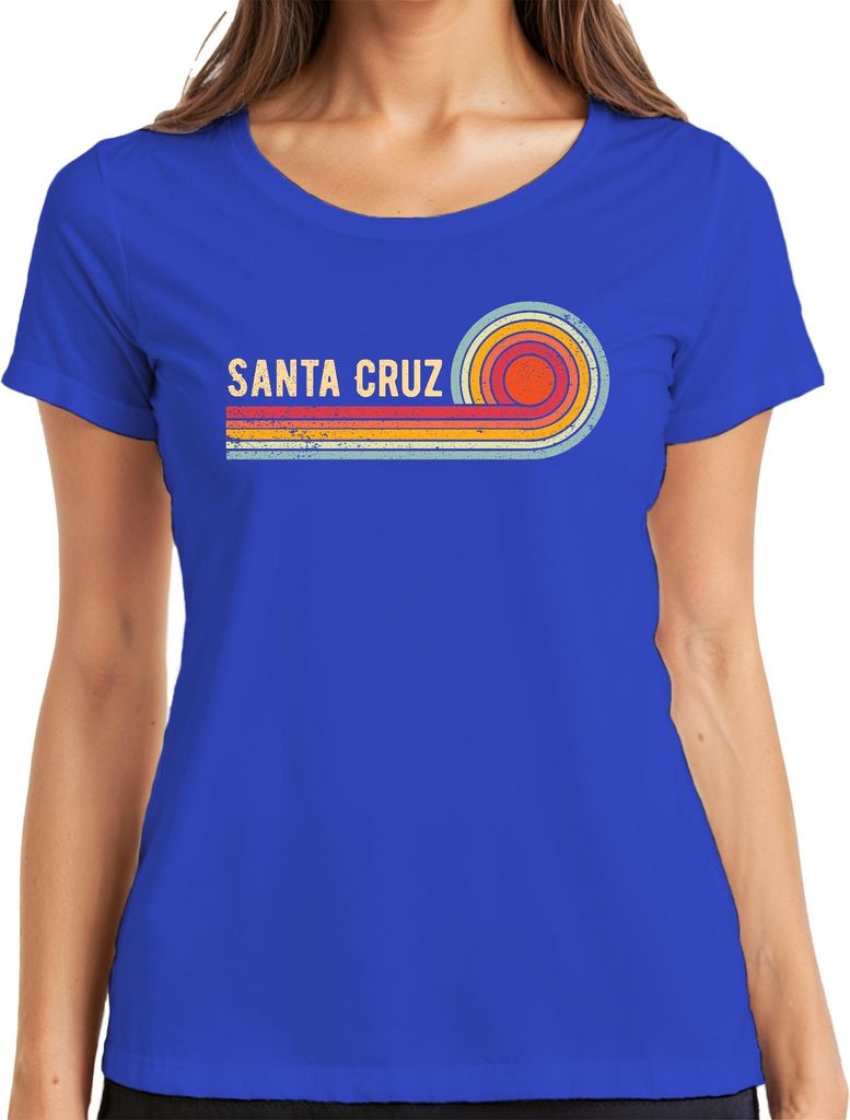 SANTA CRUZ Retro Vintage Surf Sonne Strand Kalifornien Wellen Damen T-Shirt, Blau, L