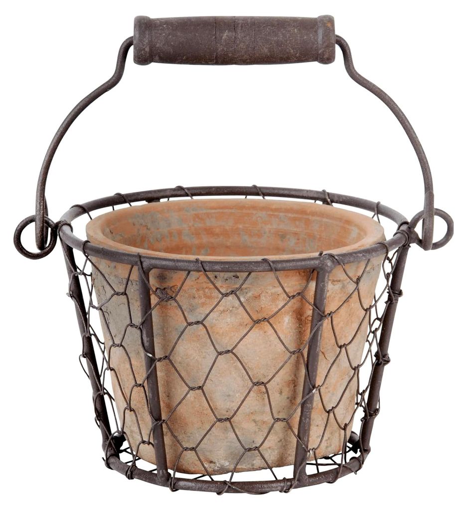 Blumentopf, Übertopf in Aged Terracotta im Henkelkorb, ca. 15 cm x 13 cm x 9,5 cm