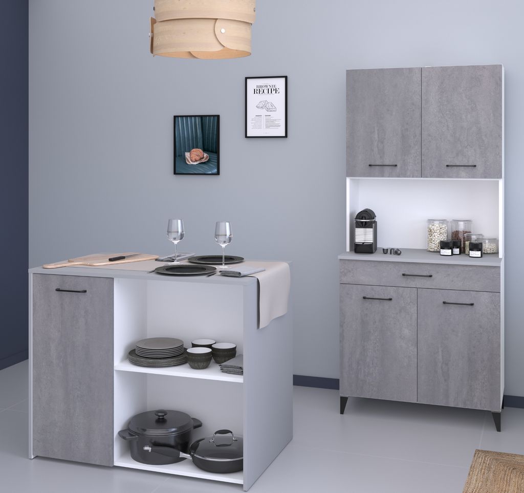 Parisot Küche Set 2-tlg. "Malice" Buffetschrank und Insel in Beton grau / weiß