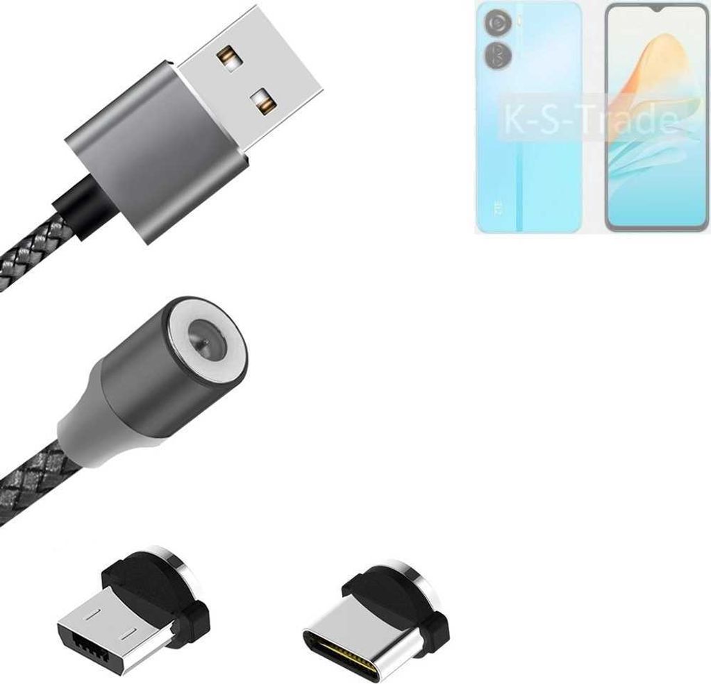 K-S-Trade Hochwertiges Magnet-Lade-kabel Sync-Kabel Daten-Kabel kompatibel mit ZTE Axon 40 Lite mit USB-Typ-C-Anschluss und Micro-USB-Anschluss 2A bis