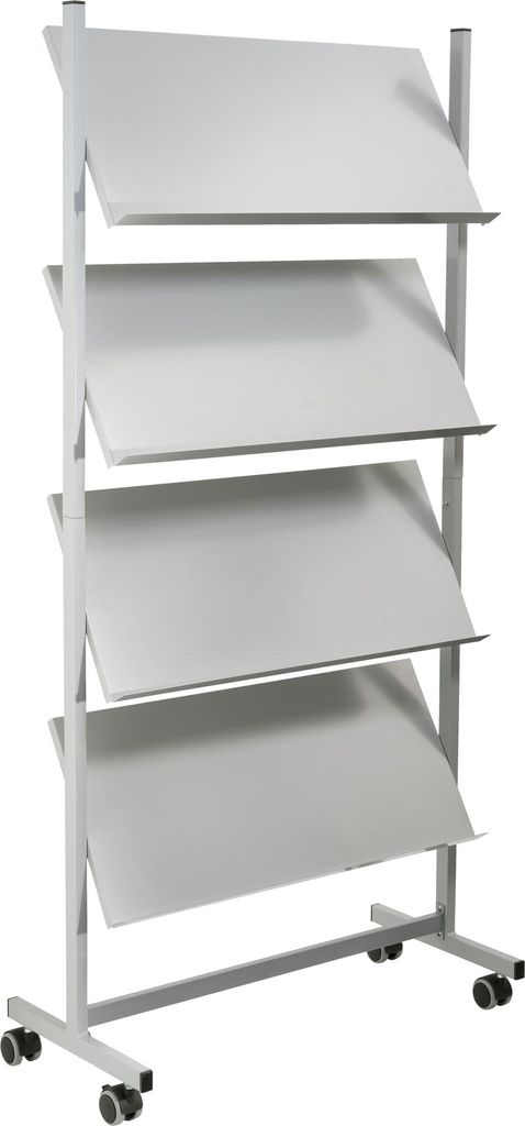 A white metal magazine rack with four shelves on wheels.