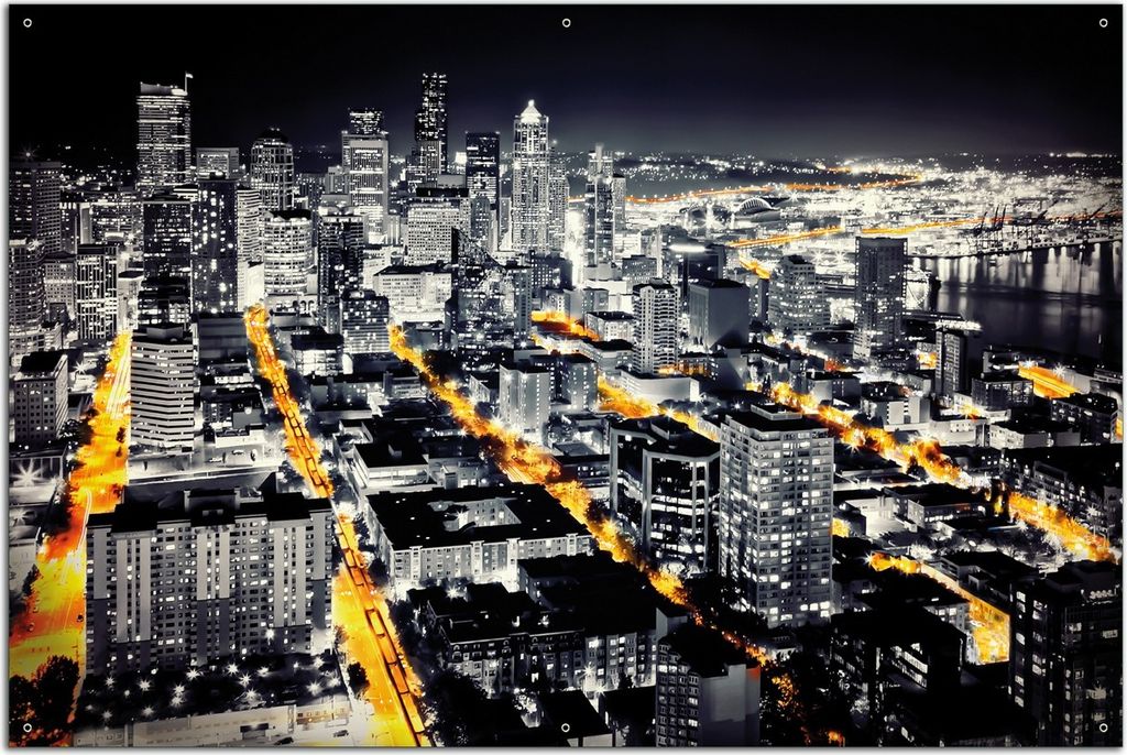 Wallario Outdoor-Poster für Garten oder Balkon, Motiv Großstadt bei Nacht - Seattle in schwarz weiß gelb, in ca. 61 x 91,50 cm