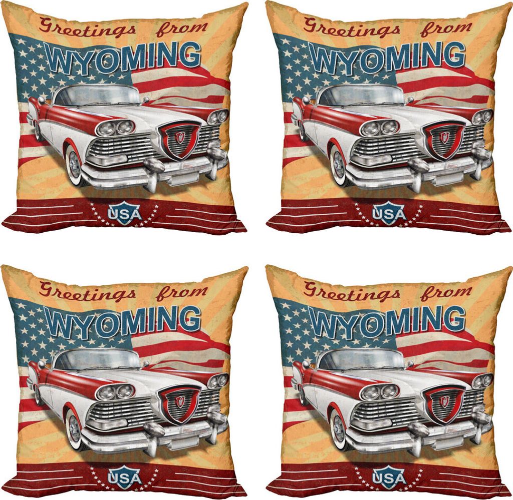 ABAKUHAUS Wyoming Kissenbezug Set (4 Stück), Oldtimer und Grüße, Moderner Doppelseitiger Digitaldruck, 45 cm x 45 cm, Mehrfarbig