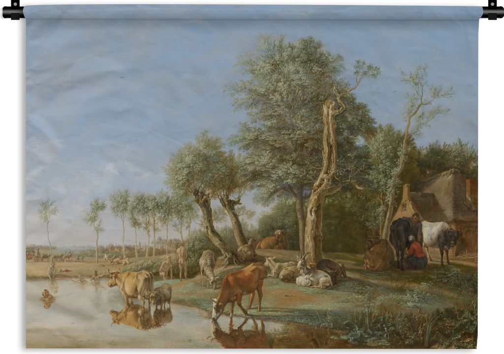 MuchoWow Wandteppich Wandbehang Die spiegelnde Kuh - Gemälde von Paulus Potter 120x90 cm Tapisserie Dekoration Wandtuch - Wohnen - Aufhänger f...