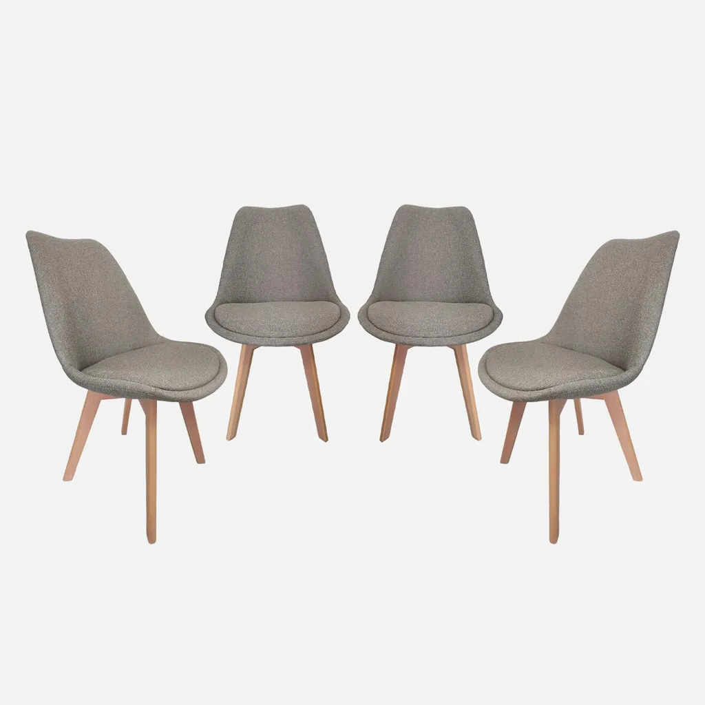 Set di 4 sedie scandinave in legno di faggio e tessuto semplice, Grigio chiaro
