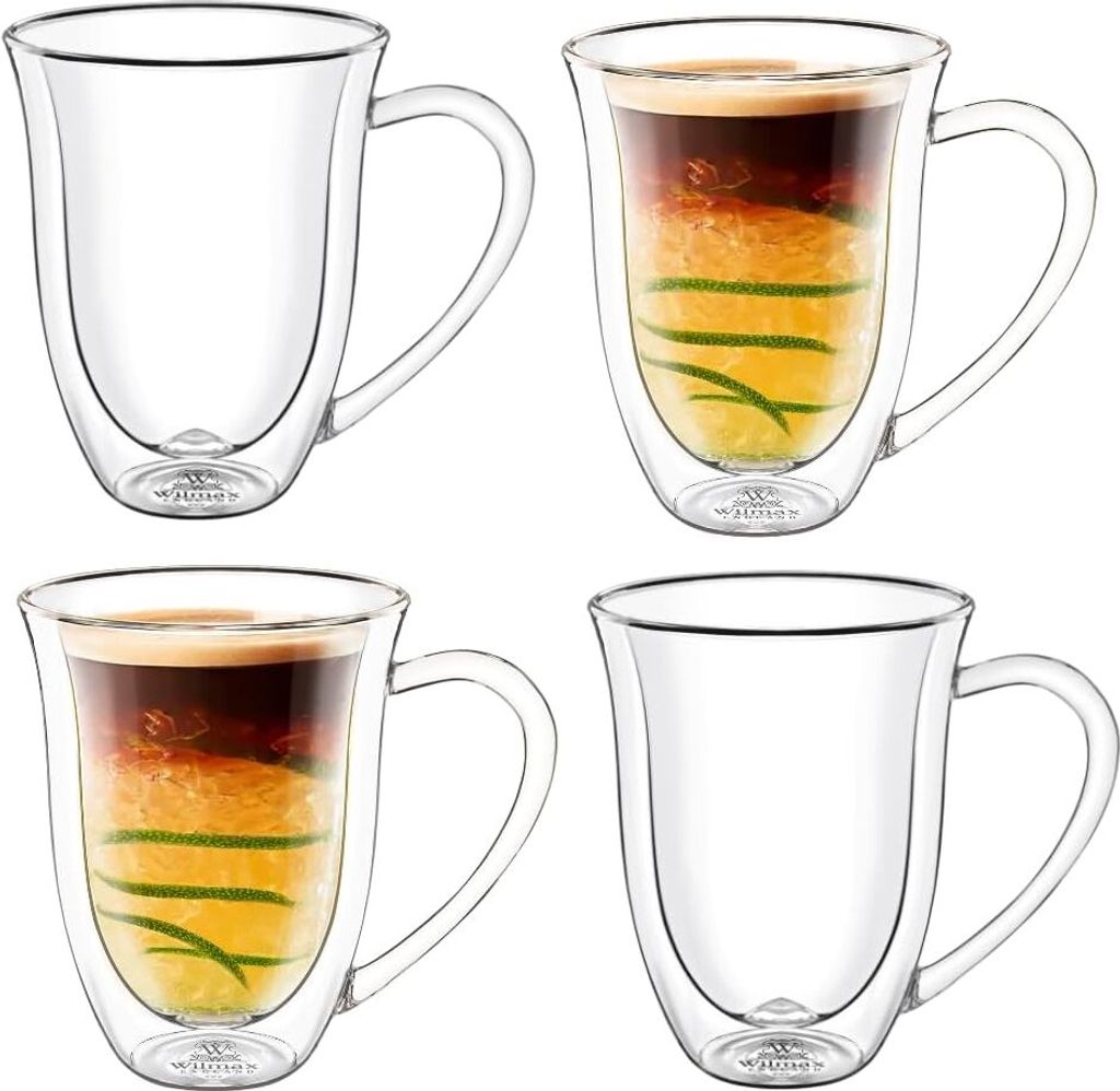 Wilmax Thermogläser mit Henkel - 4er Set - 300 ml - Doppelwandige Gläser für Wasser, Tee, Kaffee - Gläser für Tee und Kaffee - Becher für Hei...
