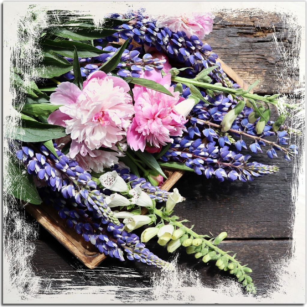 Kunstdrucke Wandbilder Holz in : Brillante Farben, Größe 50 x 50 cm Motiv Stillleben mit Frühlingsblumen