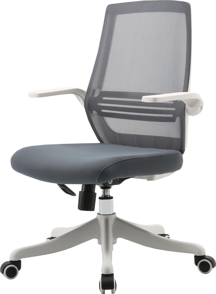 A gray and white ergonomic office chair on a white background.