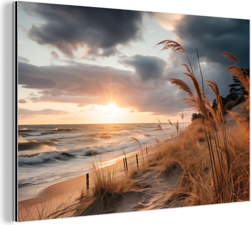 MuchoWow Wanddekoration Metall Metallbild Wandkunst 120x80 cm Strand - Dünen - Meer - Sand - Hochgras MuchoWow Aluminium Gemälde - Alu Bild
