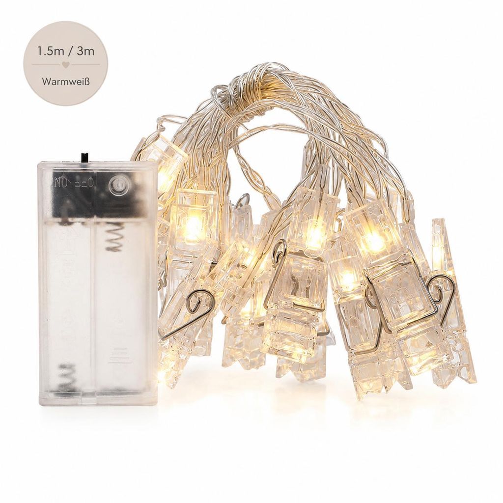 Foto LED Lichterkette Batteriebetrieben, mit Klammern, Produktbild 