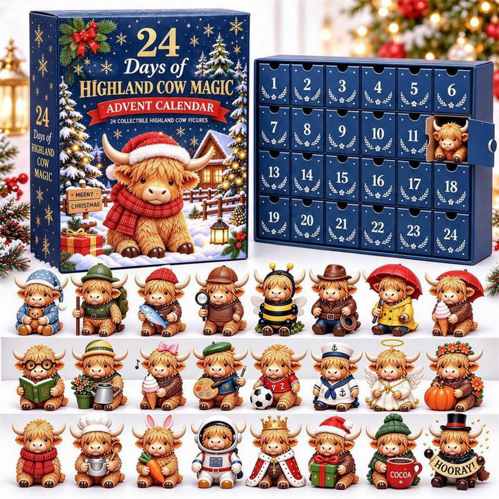 Highland Cow Adventskalender 2026, 24 Mini-Figuren, Produktbild 
