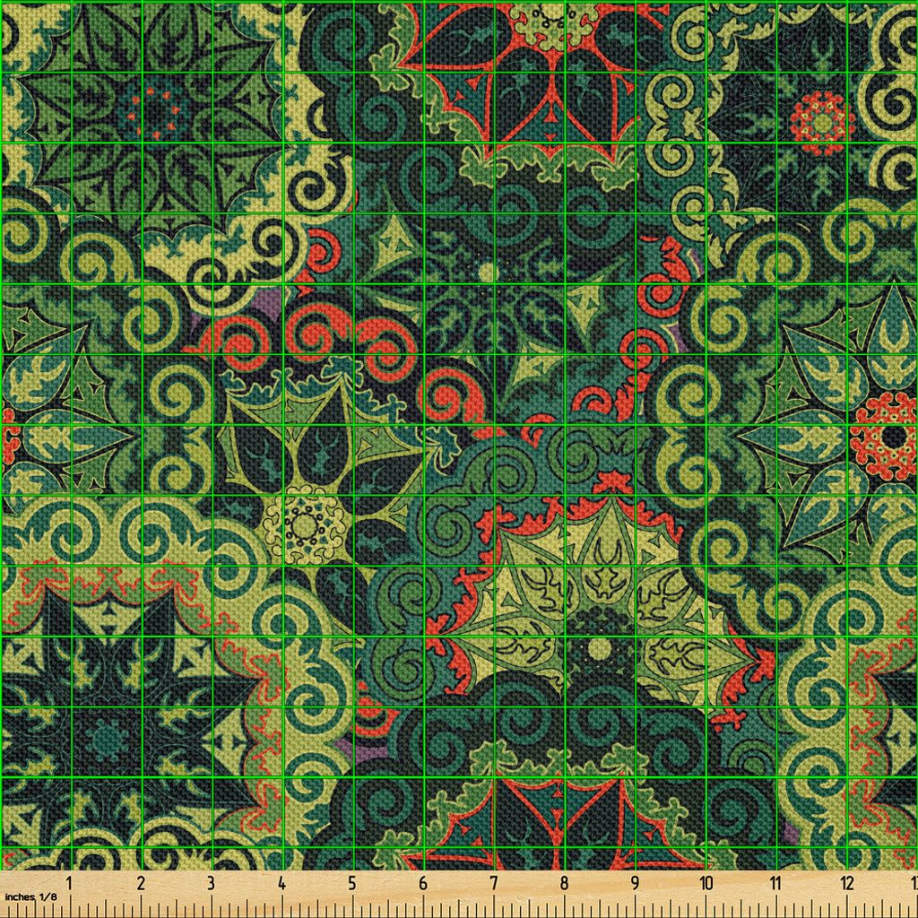 ABAKUHAUS Mandala Satin Stoff als Meterware, Überschneidungs-Retro antike runde Blumen-gebürtige afrikanische Kultur, 10 M (148 x 1000 cm), Hellg...