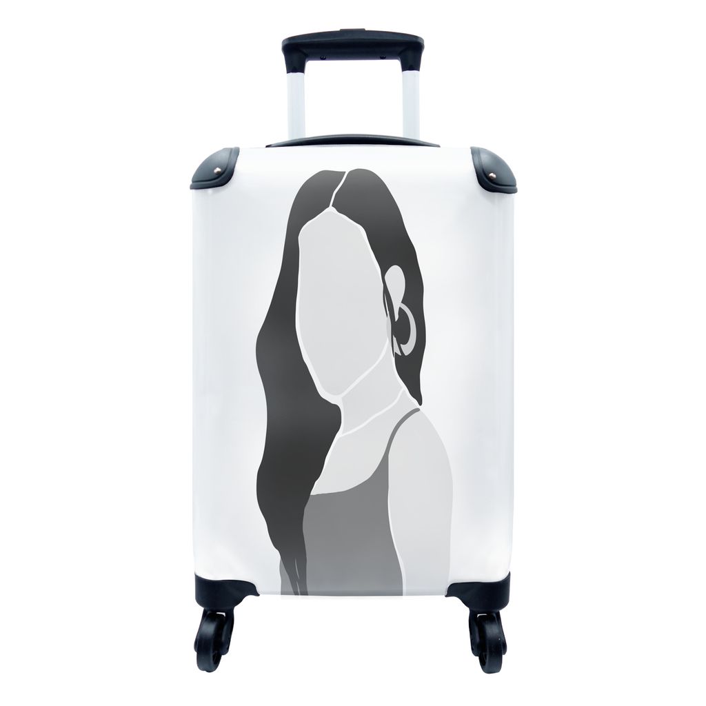 MuchoWow Koffer Handgepäck Trolley Rollkoffer Kleine Reisekoffer mit 4 Rollen - Frau - Porträt - Schwarz - Weiß - Cabin Size < 55x40x23 cm & 5...