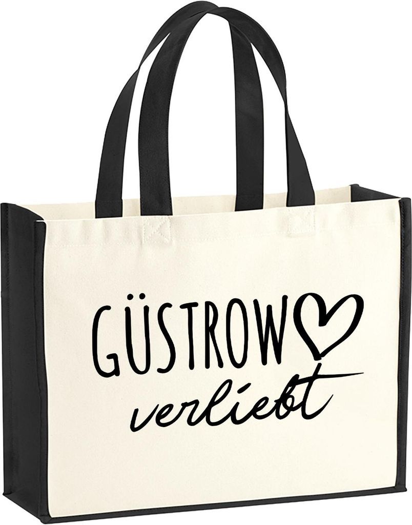 Huuraa Jutetasche Güstrow verliebt 21 Liter Black Jute und Baumwolle Einkaufstasche Geschenkidee