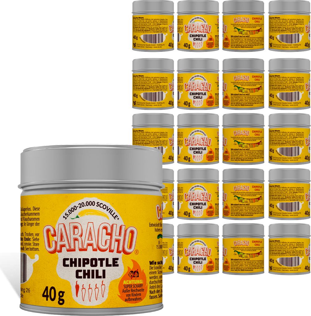CARACHO 20er Pack x 40g Chili Chipotle Chiliflocken geschrotet - Premium 100% Scharfes Chillipulver in Metal Gewürz Dose/Scoville: 15.000-20.000 /...