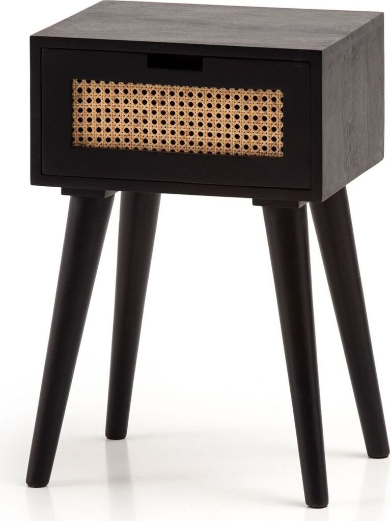 Nachtkonsole Mango Massivholz / Rattan 40x60x30 cm Nachttisch Schwarz, Nachtkommode Boxspringbett mit Schublade Wiener Geflecht, Nachtkästchen mit...