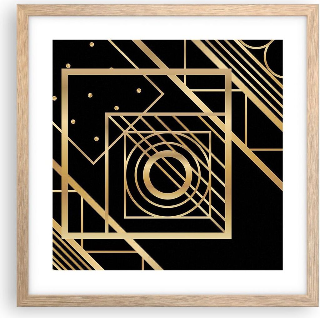 Gerahmtes Poster - Rahmen in heller Eiche - Abstraktion Quadrat Gold - 40x40 cm - Wand Bild - Wanddeko - Wandbilder - Kunstposter - Wandposter - Bi...