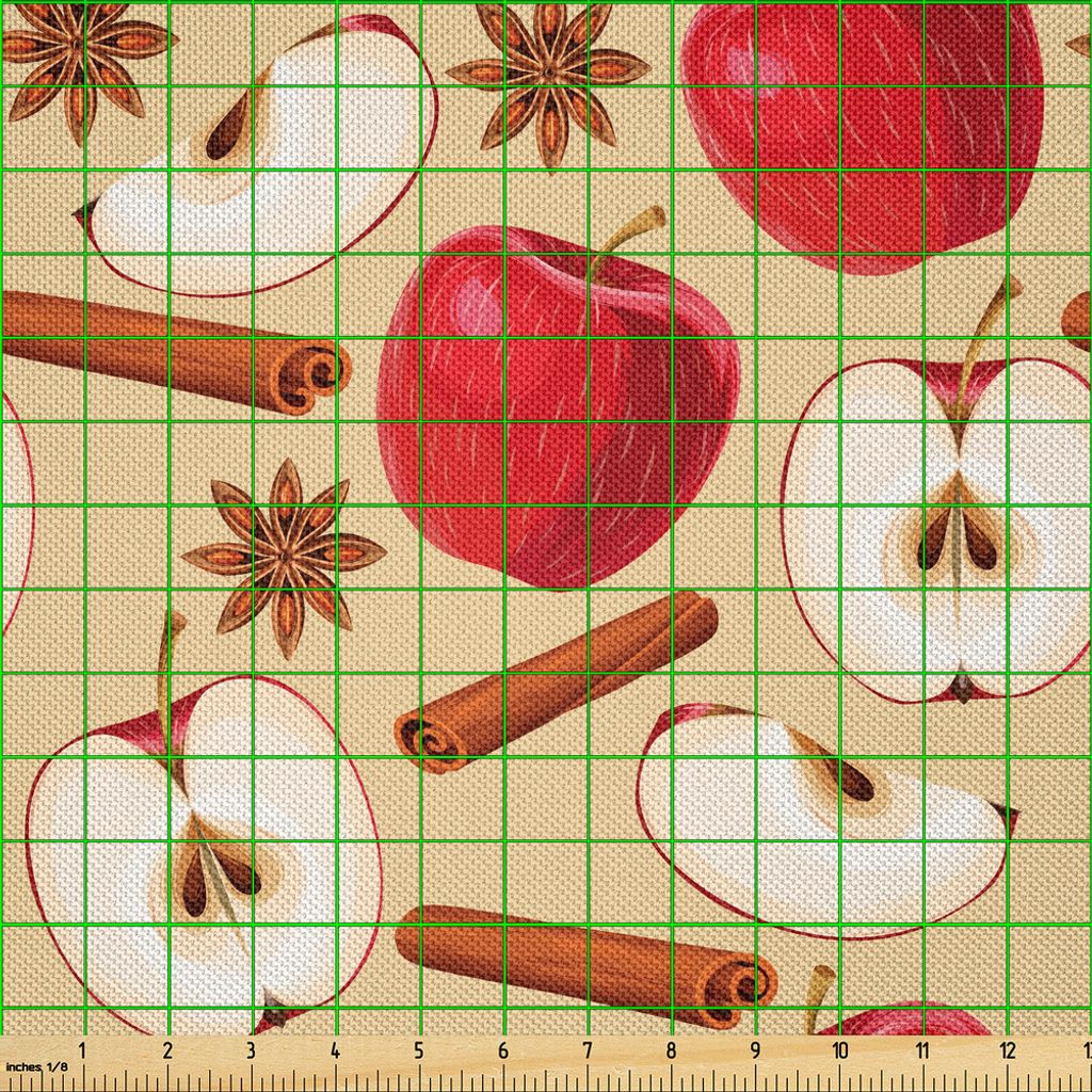ABAKUHAUS Apfel Satin Stoff als Meterware, Geviertelte und halbierte Äpfel mit Zimtstangen und Sternanis-Diät-Rezept, 10 M (148 x 1000 cm), Beige...