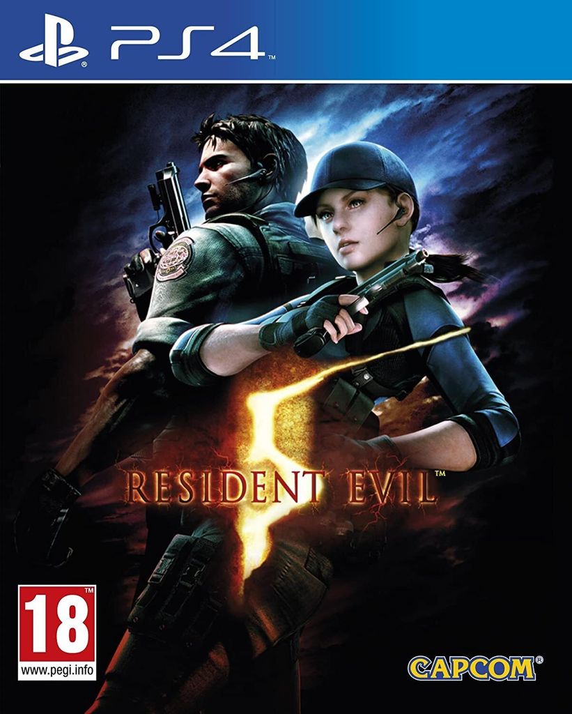 The cover art for the video game Resident Evil 5 on PlayStation 4, featuring two characters in action poses.