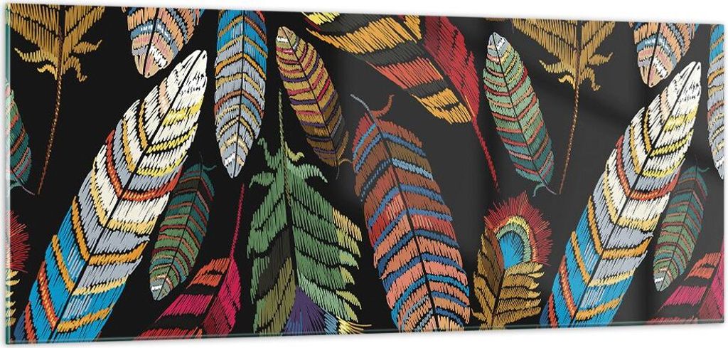 Bilder auf glas - Einteilig - Federn Bunt Stickerei - 100x40cm - Glasbilder - Wandbilder - Bilder - zum Aufhängen bereit - Wanddekoration aus Glas...