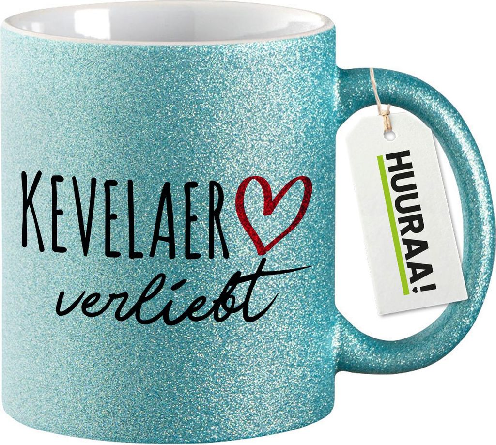 Huuraa Glitzertasse Kevelaer verliebt 330ml Blau Keramik Kaffeebecher Geschenkidee