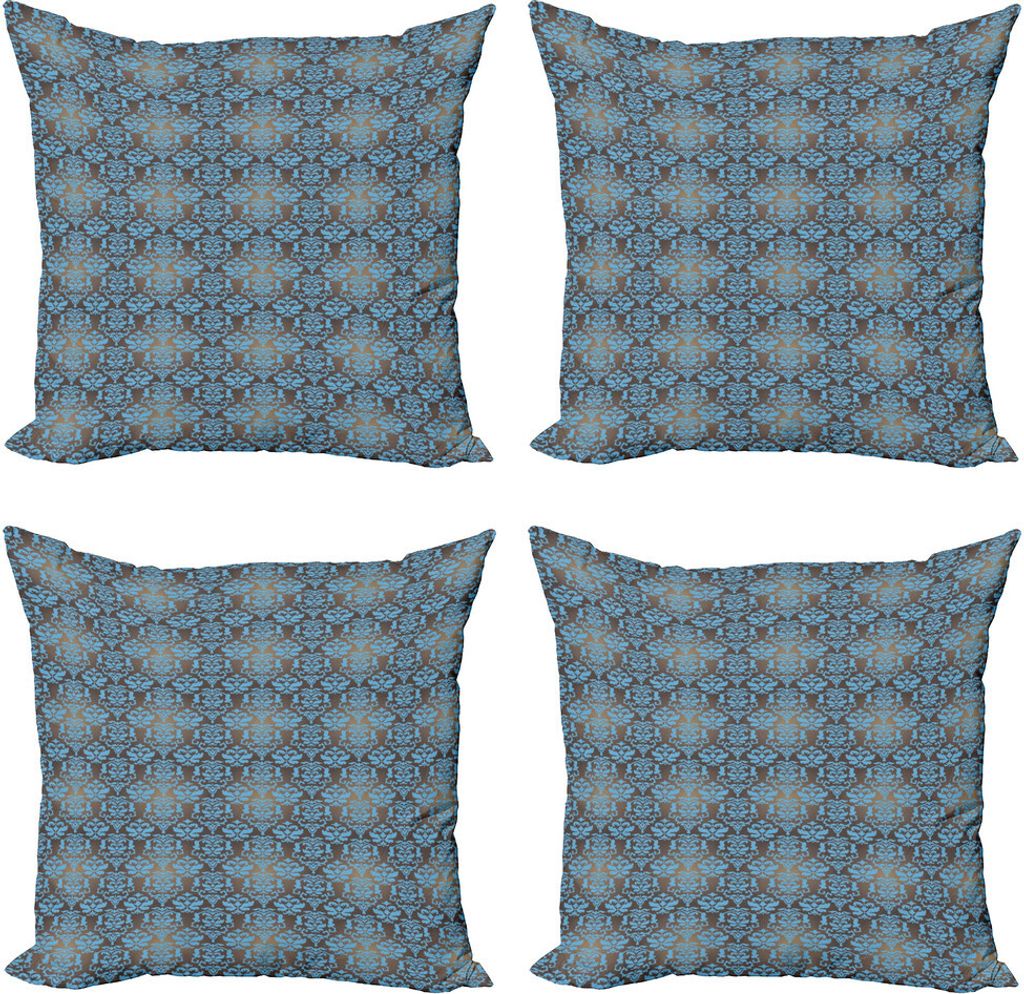 ABAKUHAUS Brown und Blau Kissenbezug Set (4 Stück), Damast-Motive, Moderner Doppelseitiger Digitaldruck, 60 cm x 60 cm, Taupe und Blau